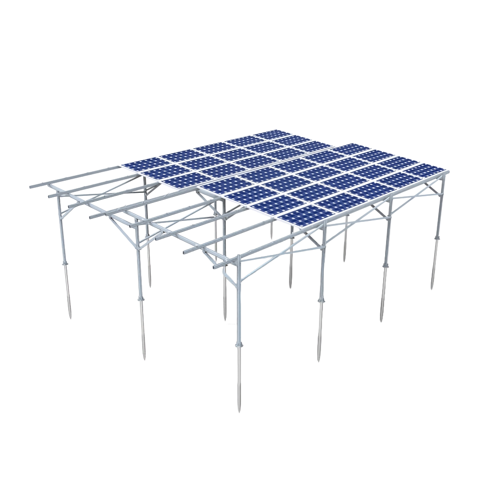 Side elevation rendering of SR Solar high-clearance ordinary ground type Agri-PV system over green crop terrain.