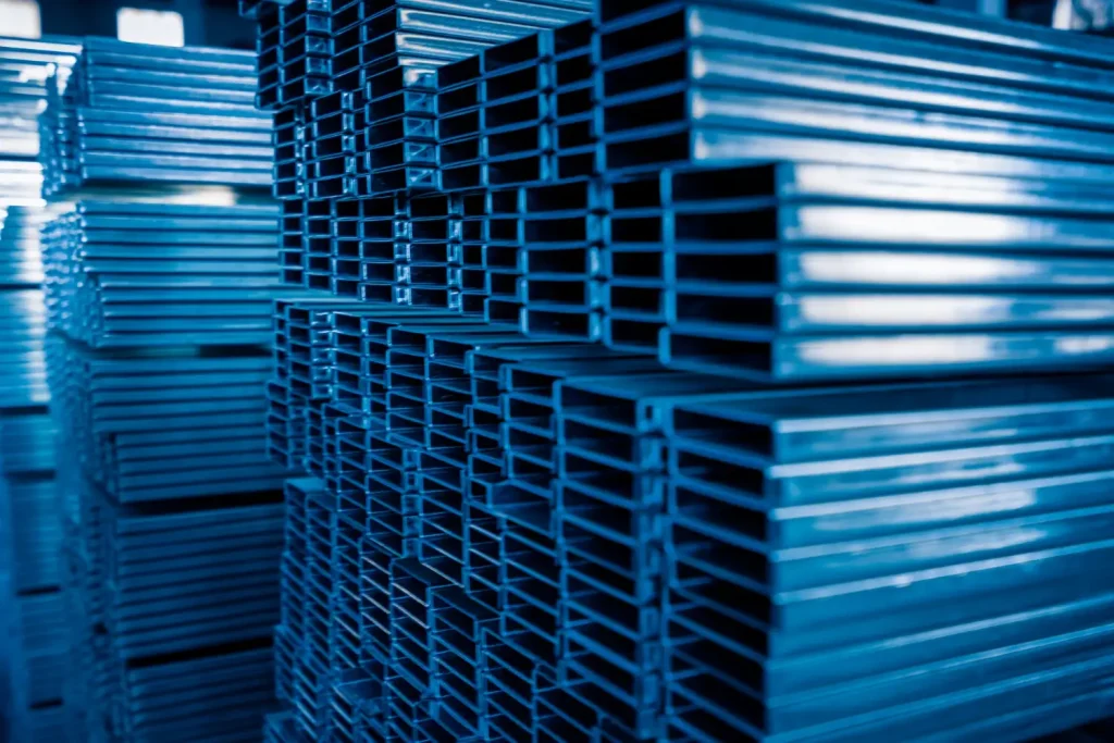 High-quality aluminum and steel profiles stacked in the SR Solar manufacturing factory for solar mounting solutions.