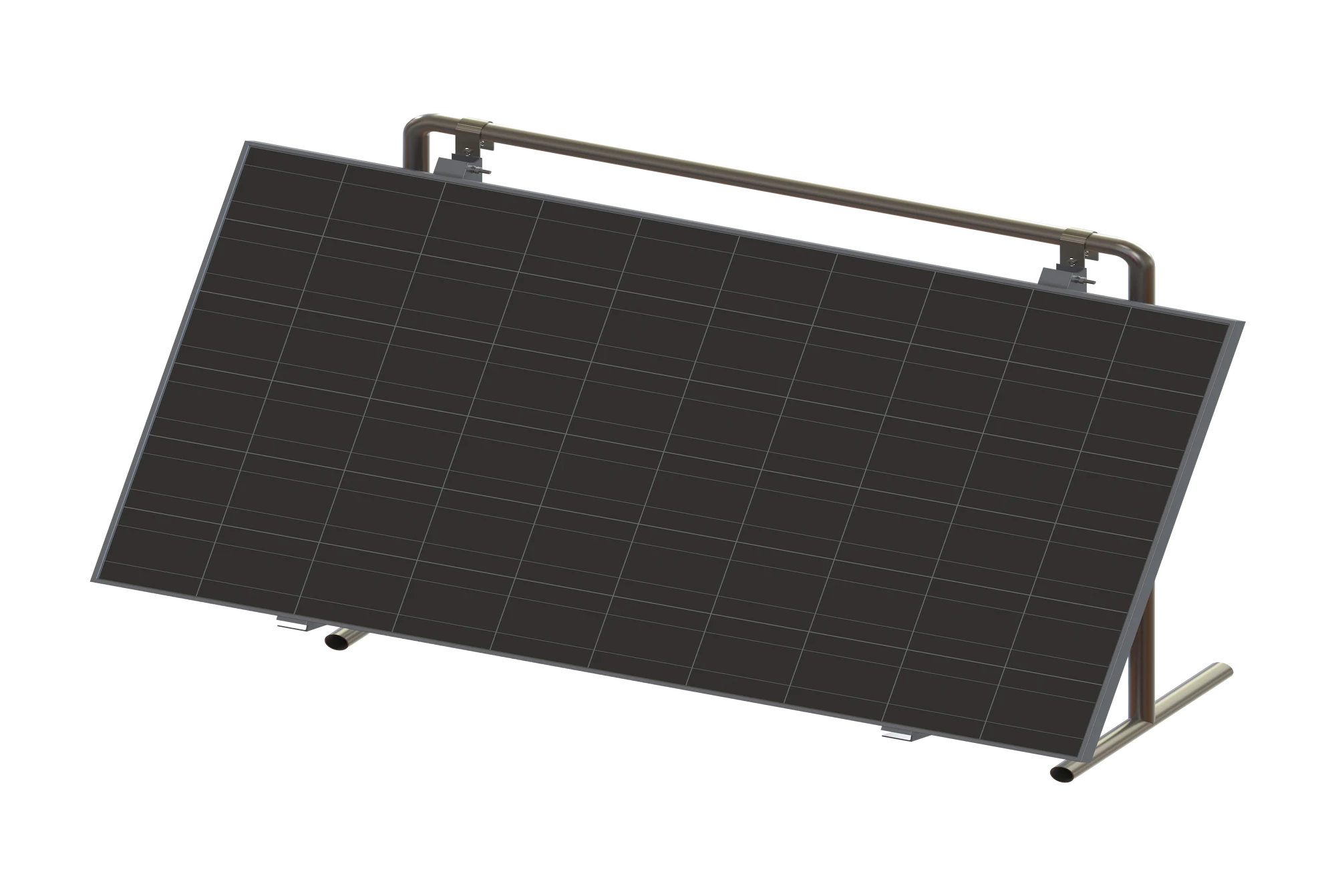 Elevated front view of SR Solar all-black plug-and-play balcony mounting structure with a clean full-black solar module panel.
