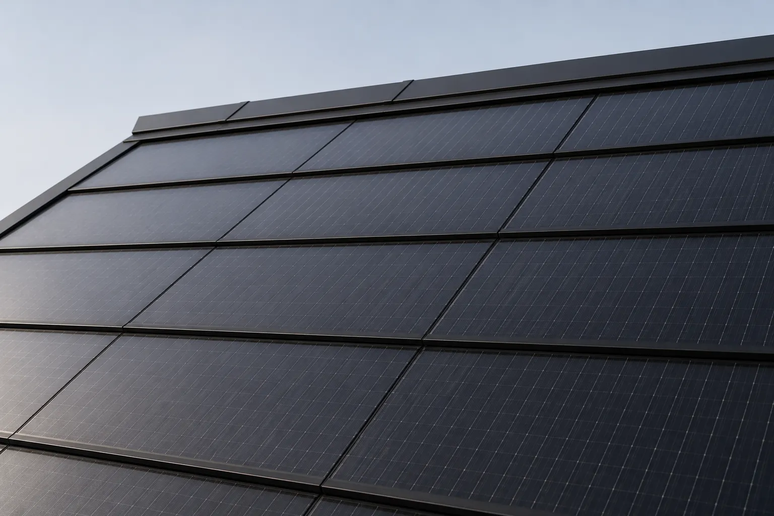 Close-up of black BIPV solar roof tiles with integrated SR Solar mounting systems on a pitched roof, showcasing a modern architectural design.