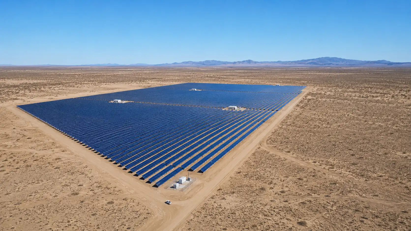 Large-scale desert solar farm utilizing SR Solar ground mounting systems, engineered by a premier solar mounting solutions manufacturer