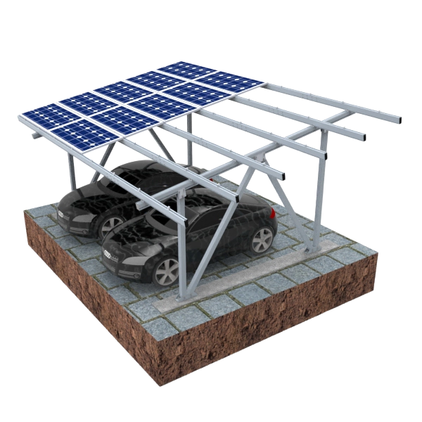 Isometric rear schematic of SR Solar W-frame aluminum solar carport solutions with concrete stripe foundation.