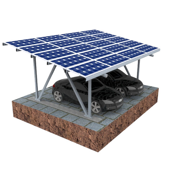 SR Solar W-type structural aluminum solar carport mounting framework with partial panel rendering