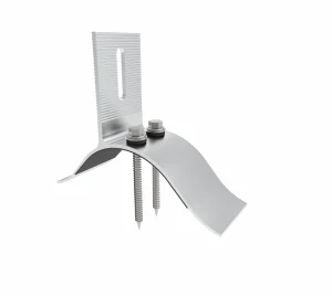 SR Solar AL6005-T6 aluminum curved SR-HC01 Kliplok clamp with SUS304 bolts for specialized metal roof mounting.