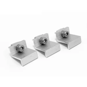 Close-up profile of silver solar end clamp SR-EC01 for vertical wall mounting systems by SR Solar.