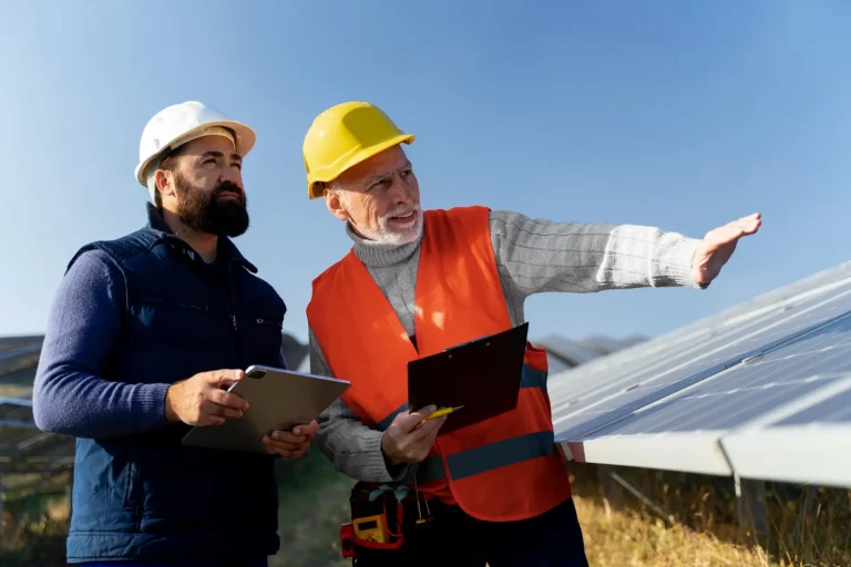 Field engineers wearing safety hardhats inspecting a solar array and providing onsite technical support for an SR Solar installation.