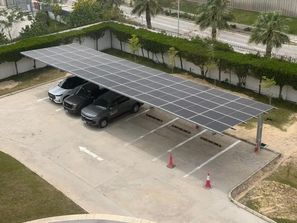 SR Solar commercial solar carport mounting solutions and waterproof structures manufactured for a parking lot project in the Middle East.