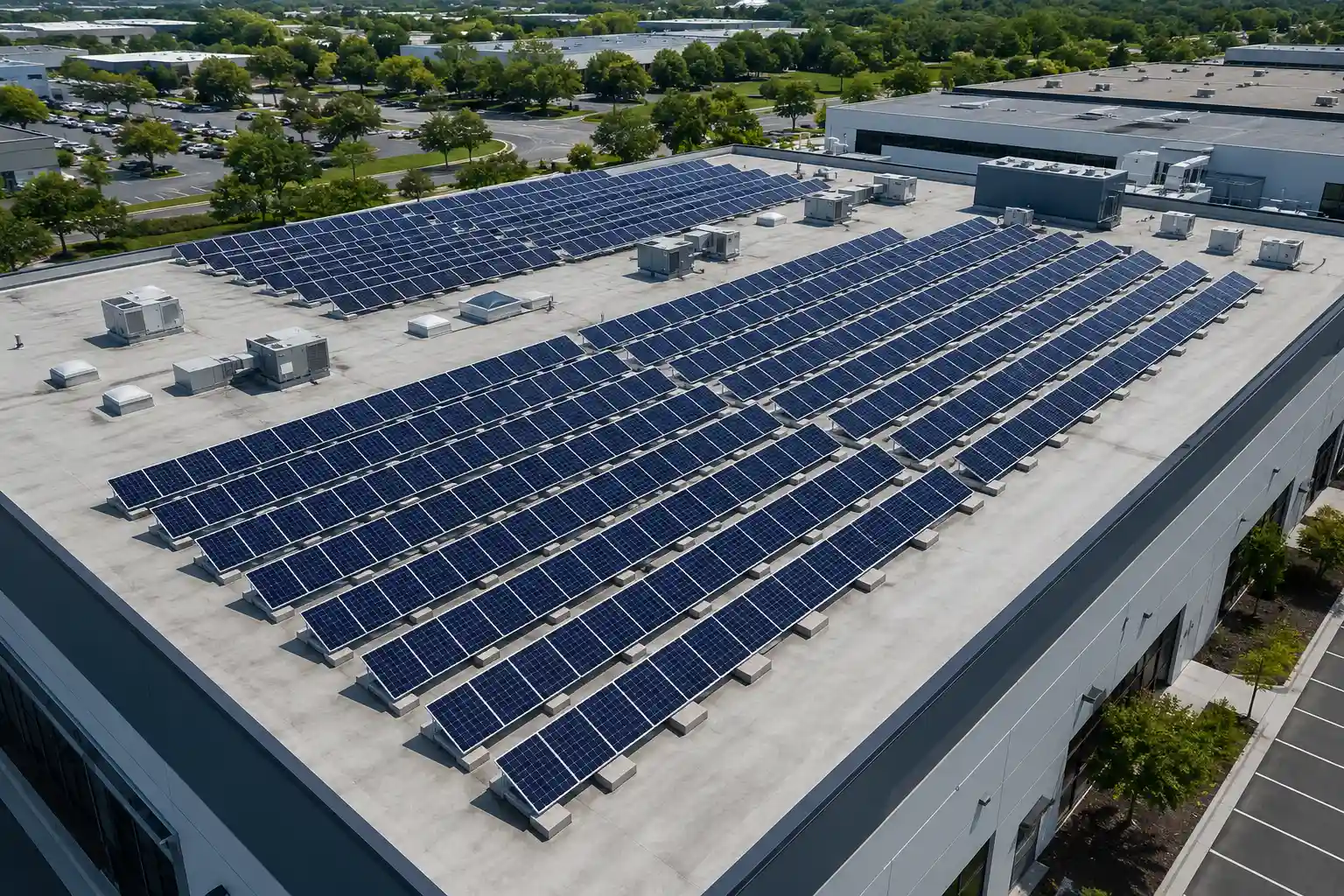 Aerial view of a commercial flat roof solar mounting system installation engineered by SR Solar, a leading solar mounting solutions manufacturer.