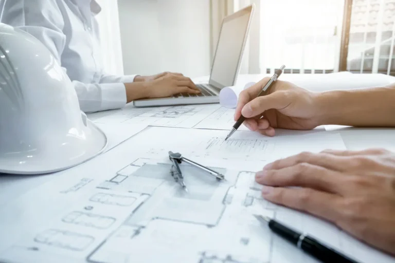 Solar engineers drawing precise layout plans and calculating technical structural blueprints for an SR Solar project.
