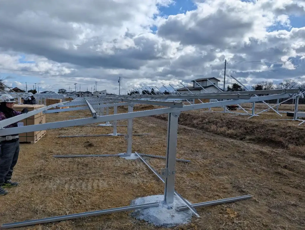 Pre-assembled multi-row solar racking structures manufactured by SR Solar for the Japan Fukushima Soma project.