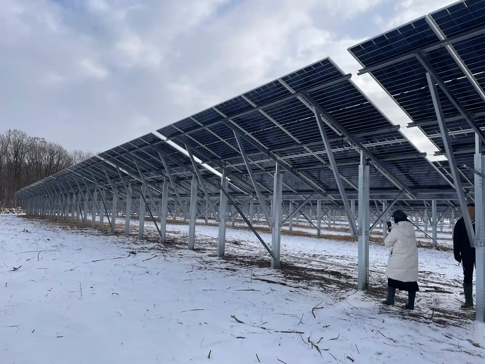 Rear view of the SR Solar high-clearance single-post solar racking system installed on a snow-covered field in Hokkaido.