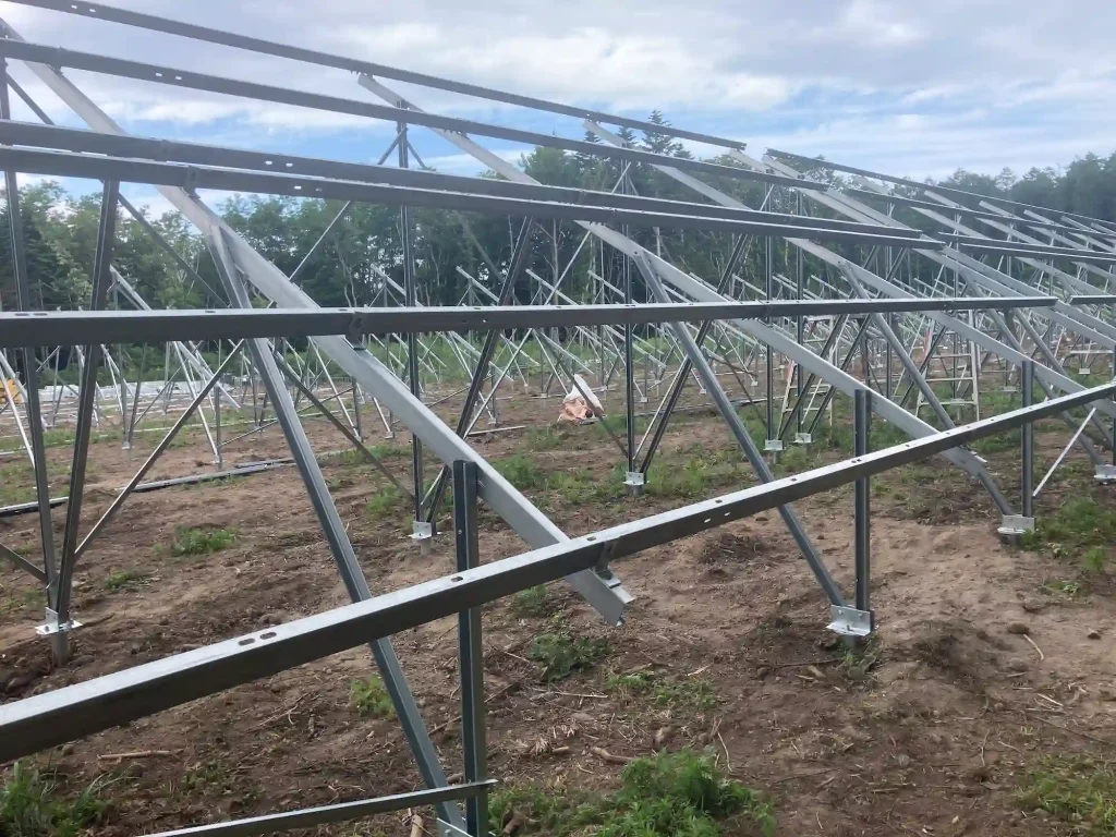 Heavy-duty ground solar mounting system structure engineered by SR Solar for the PNF project in Hokkaido.