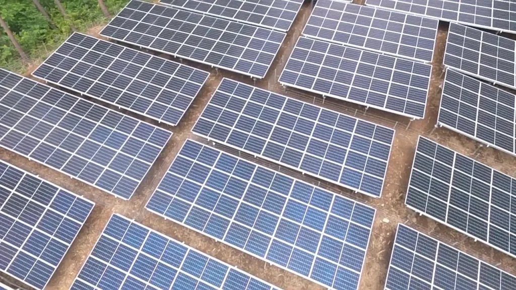 High-angle view of a completed solar panel array installed on industrial PV module racking brackets from SR Solar
