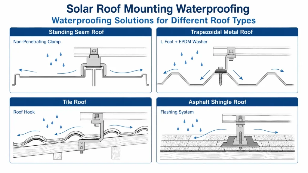 Diagram of SR Solar waterproofing solutions for standing seam, trapezoidal metal, tile, and asphalt shingle roofs by leading manufacturer.