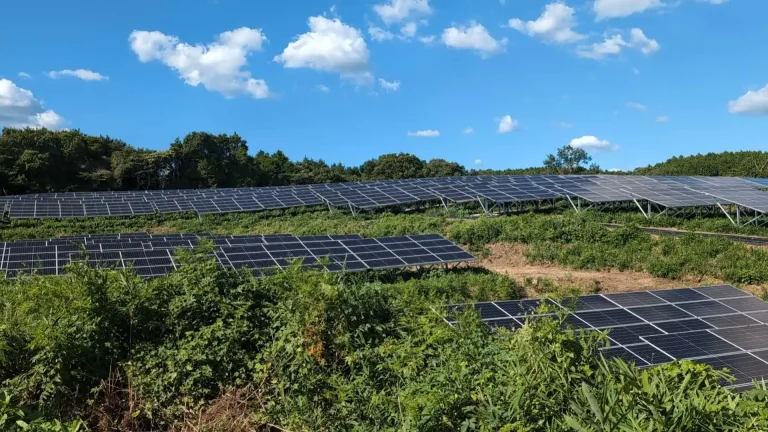 Engineer inspecting SR Solar aluminum driven pile ground mounting racks at a commercial solar power site.