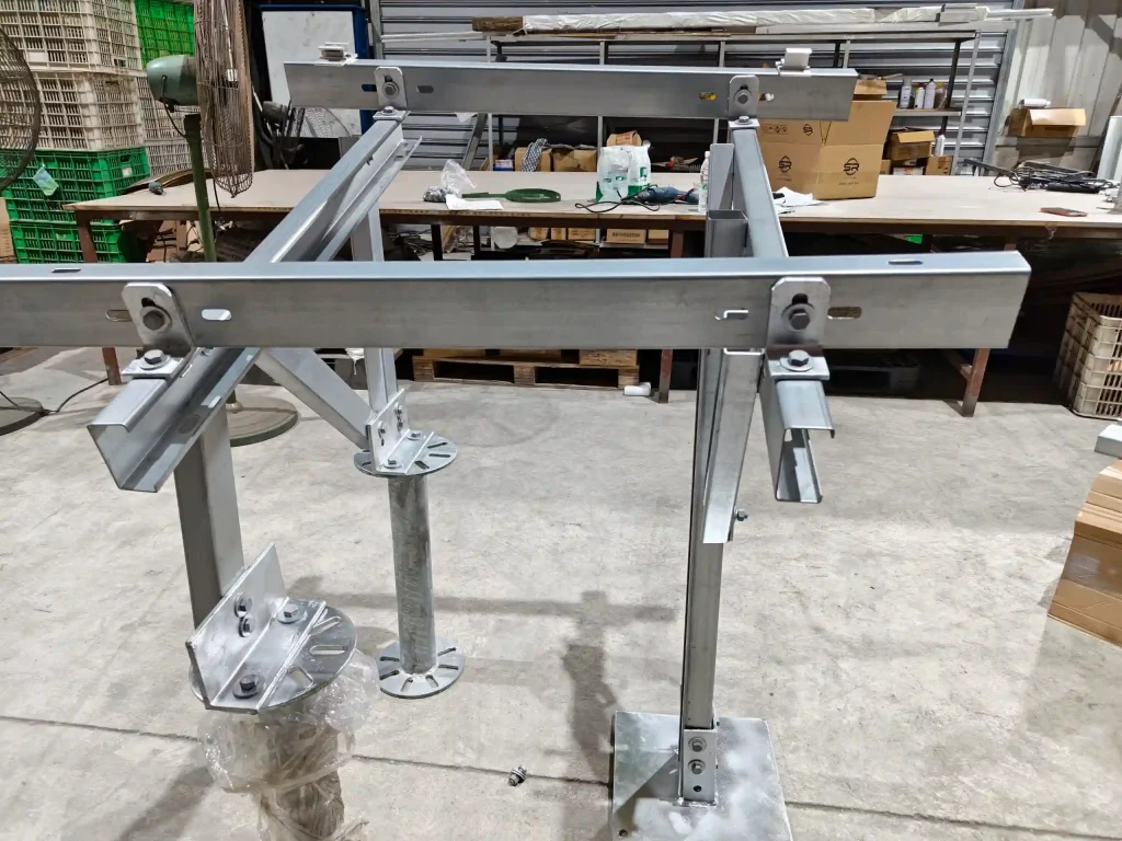 Front view of SR Solar heavy-duty steel mounting rack assembly inside production warehouse