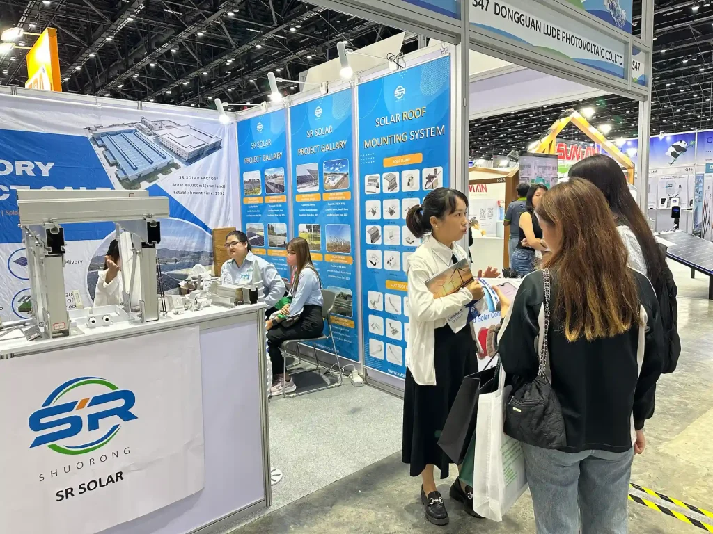 SR Solar technical team discussing customized OEM ODM solar mounting solutions with buyers in Thailand.