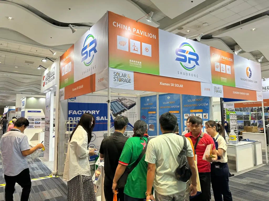 SR Solar booth setup at Solar and Storage Live Philippines showcasing factory-direct mounting structures.