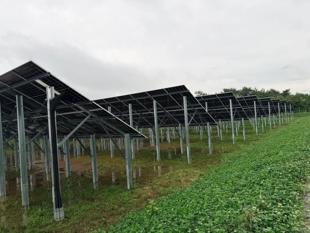Close-up view of SR Solar galvanized ground mounting legs and bracing brackets.