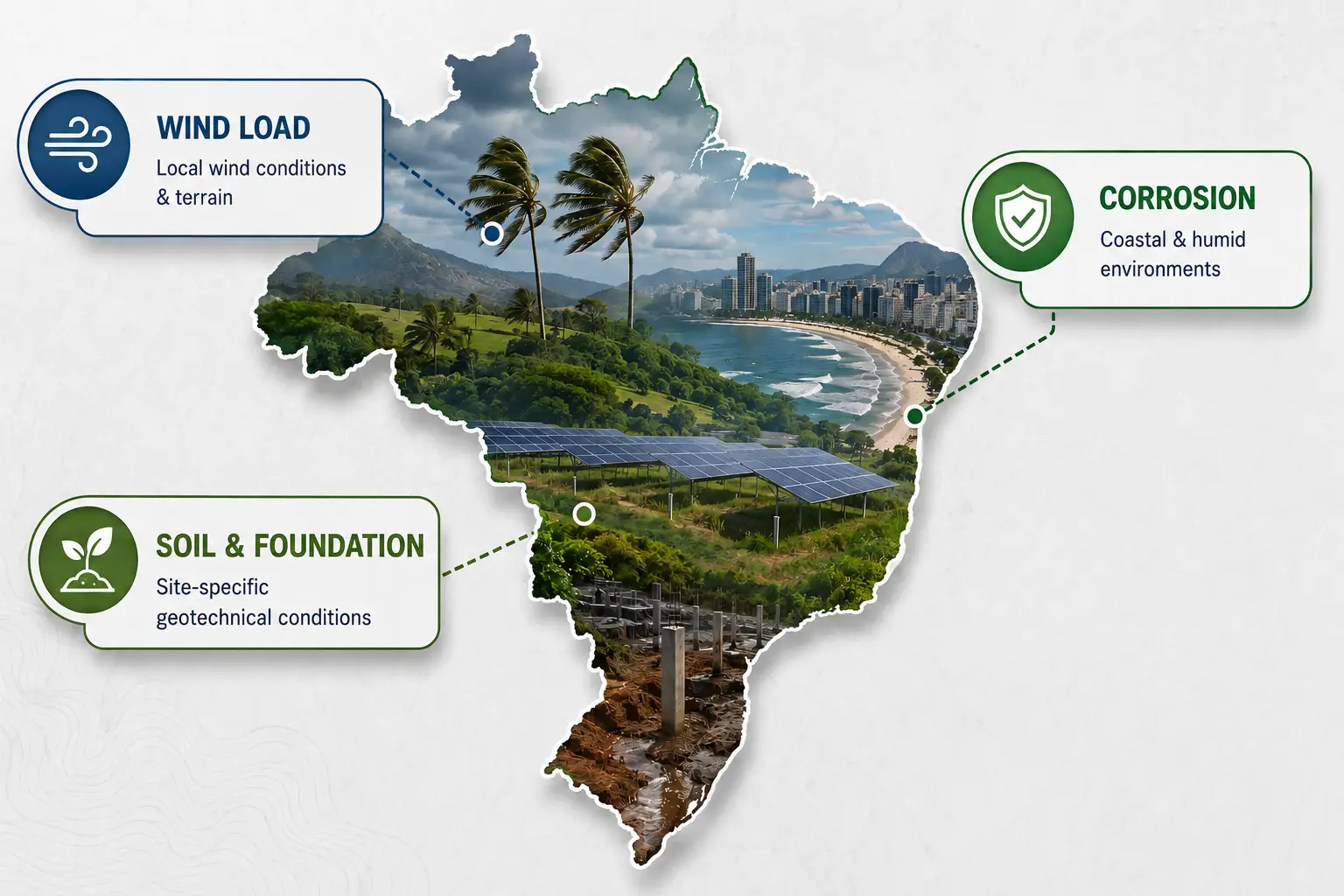 SR Solar ground mounting system design map for Brazil showing wind load, soil foundation, and anti-corrosion engineering standards.