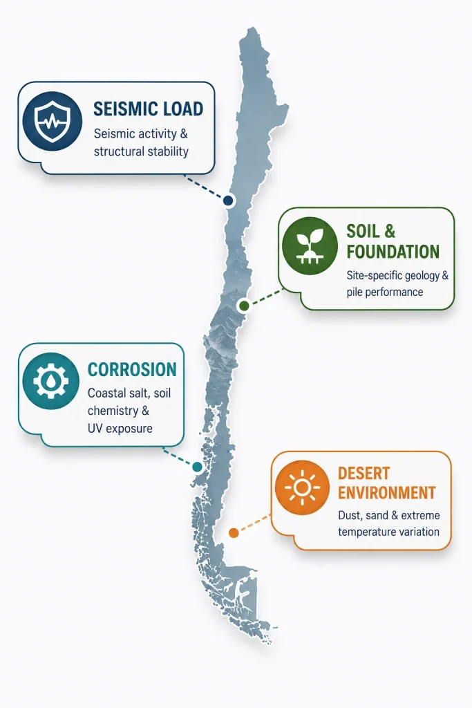 SR Solar structural mounting racking map for Chile featuring seismic load compliance, desert environment protection, and corrosion resistance.