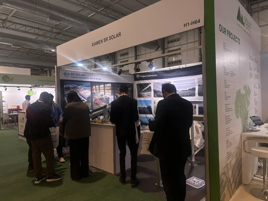 SR Solar booth H1-H64 showcasing solar mounting solutions and global project references at Solar and Storage Live Saudi Arabia.