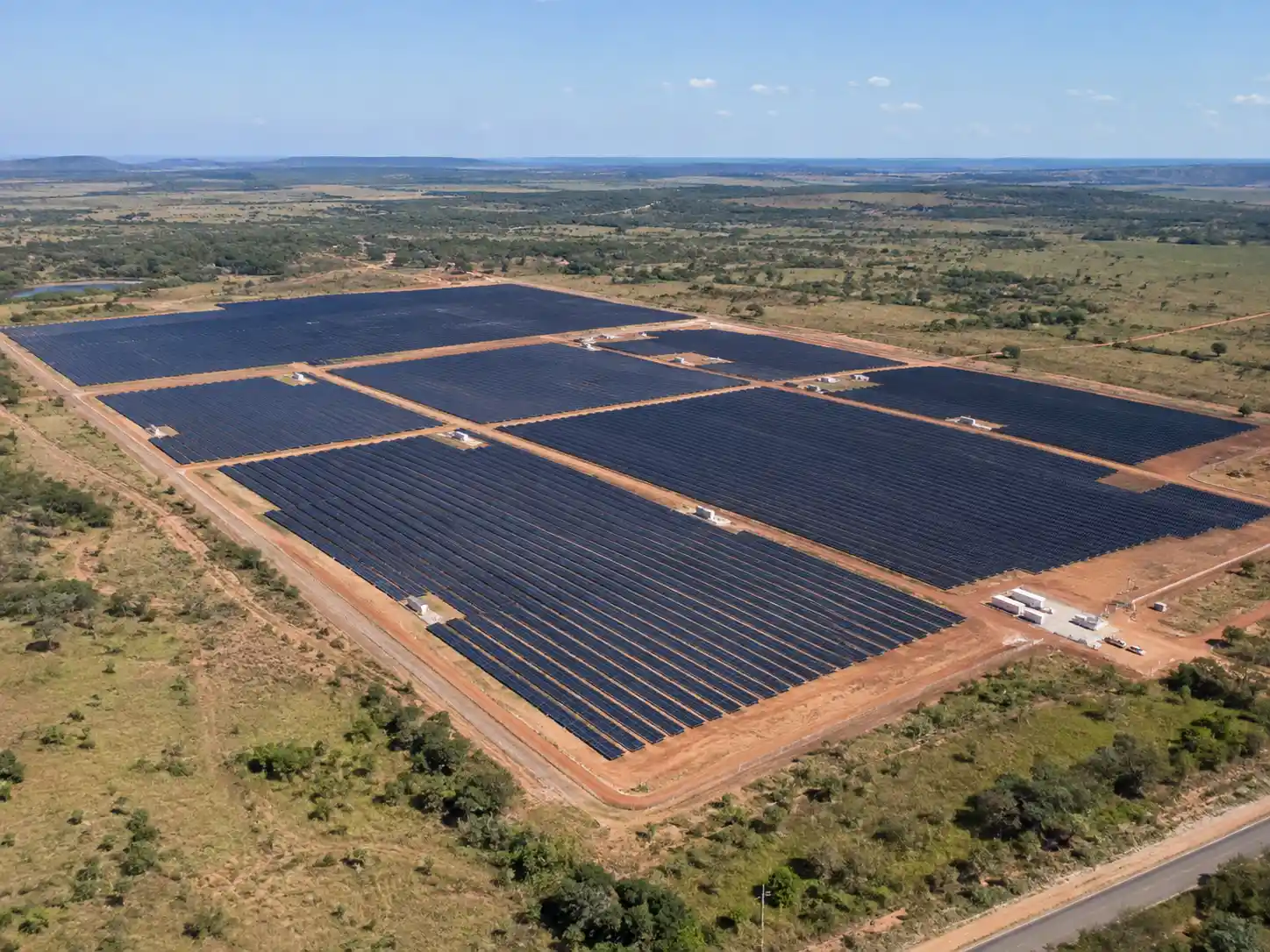 Aerial view of a large utility-scale ground mount solar project engineered by SR Solar mounting system manufacturer.