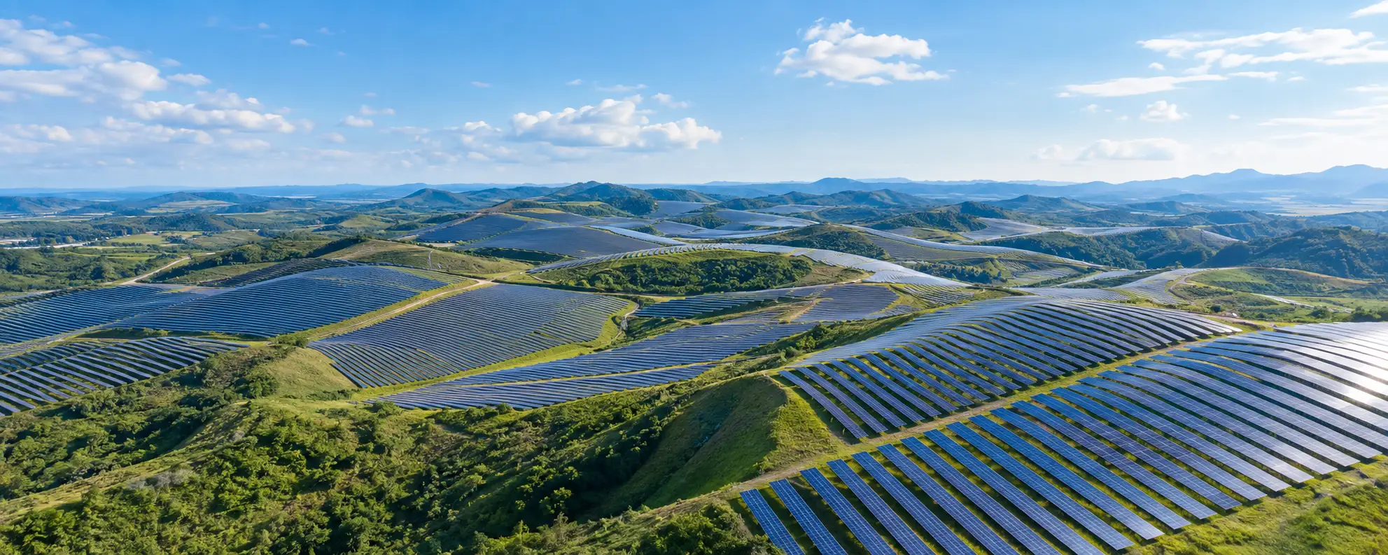 Aerial view of a large-scale ground-mounted solar farm featuring robust rack mounting systems manufactured by SR Solar.